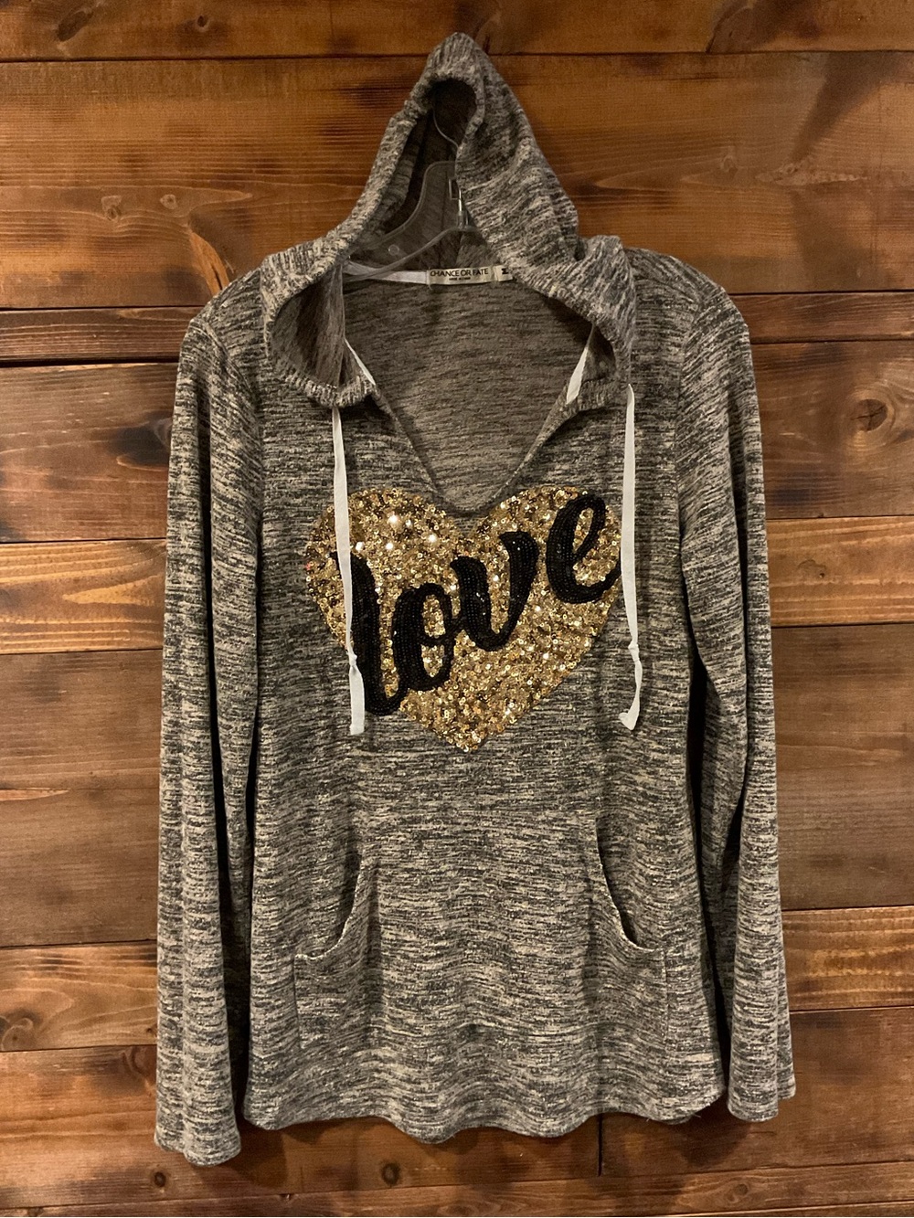 Chance or Fate Gray Hooded V-Neck Sweater with Gold Sequin Heart 'Love' Medium